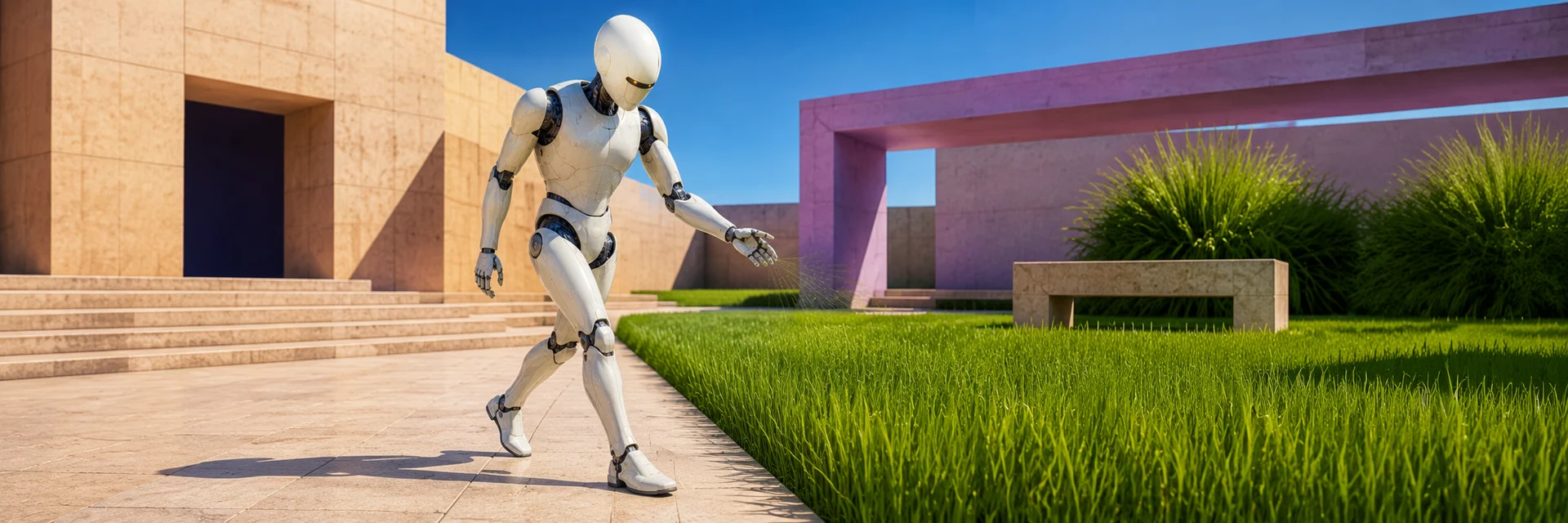 The unit walks along a concrete path beside a bright green lawn, between pale stone and dusty pink walls.